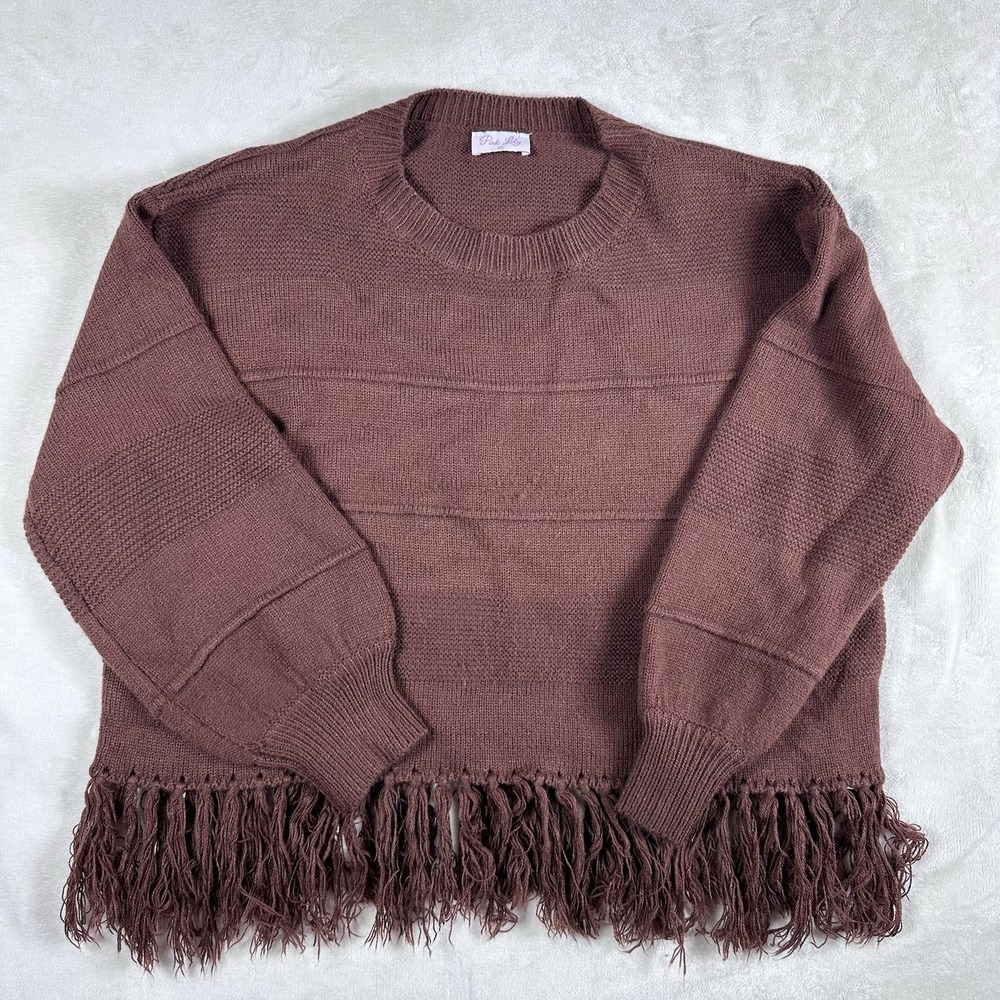 Pink Lily Womens M Mauve Fringe Hem Knit Sweater Long Sleeve Boho Oversized - Picture 2 of 11